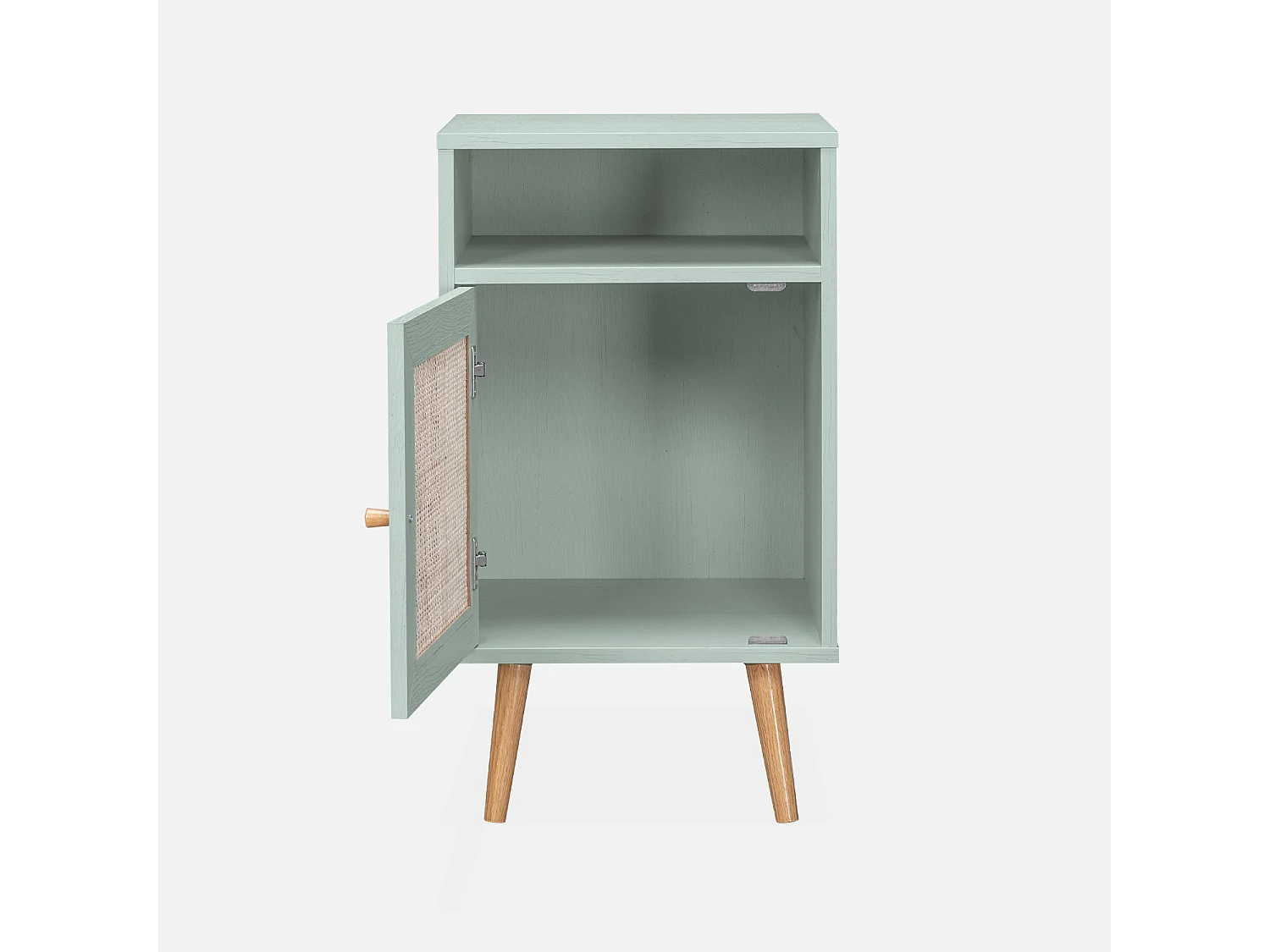 Mesita de noche escandinava de efecto madera y caña verde celadón