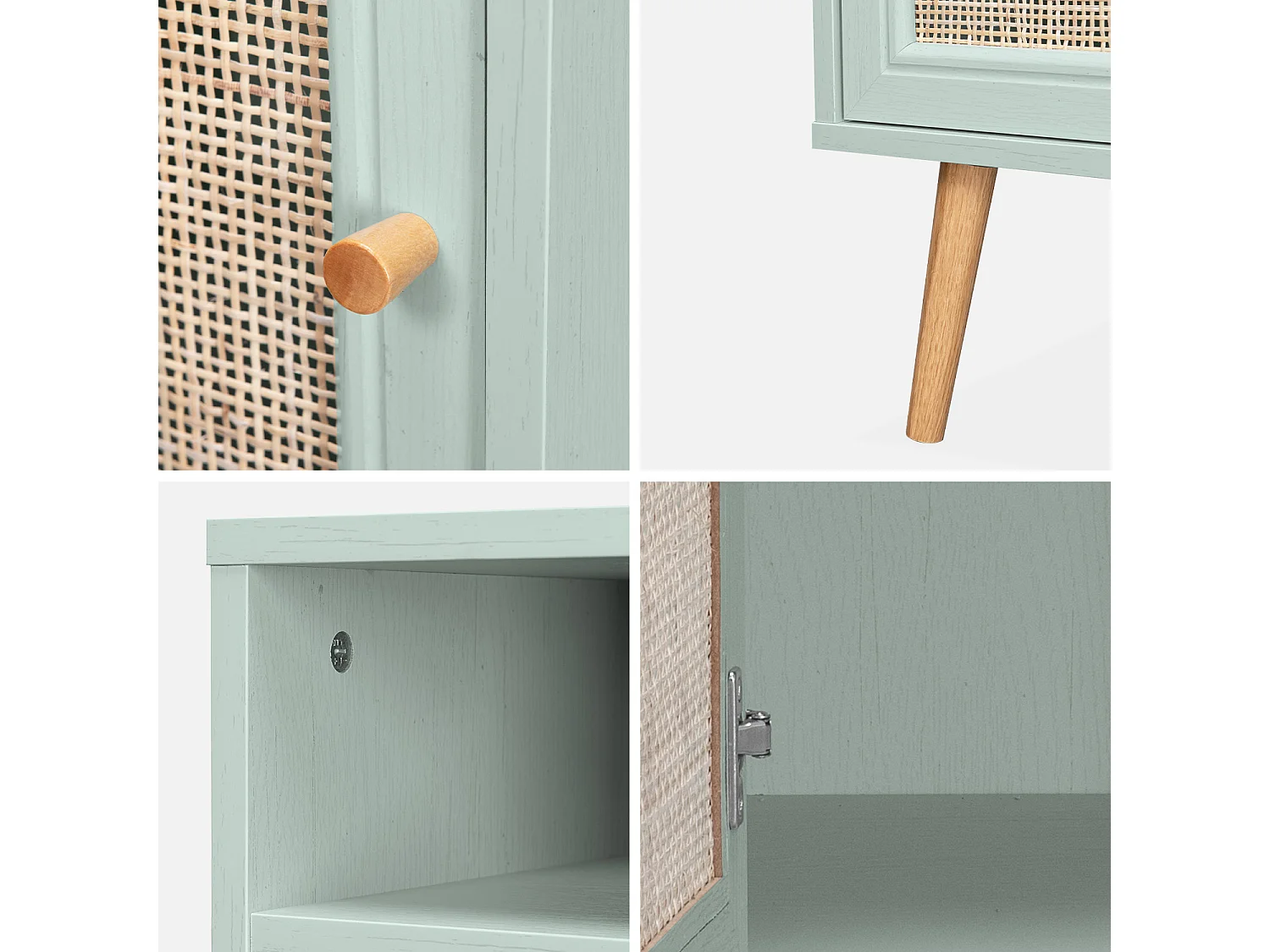 Mesita de noche escandinava de efecto madera y caña verde celadón