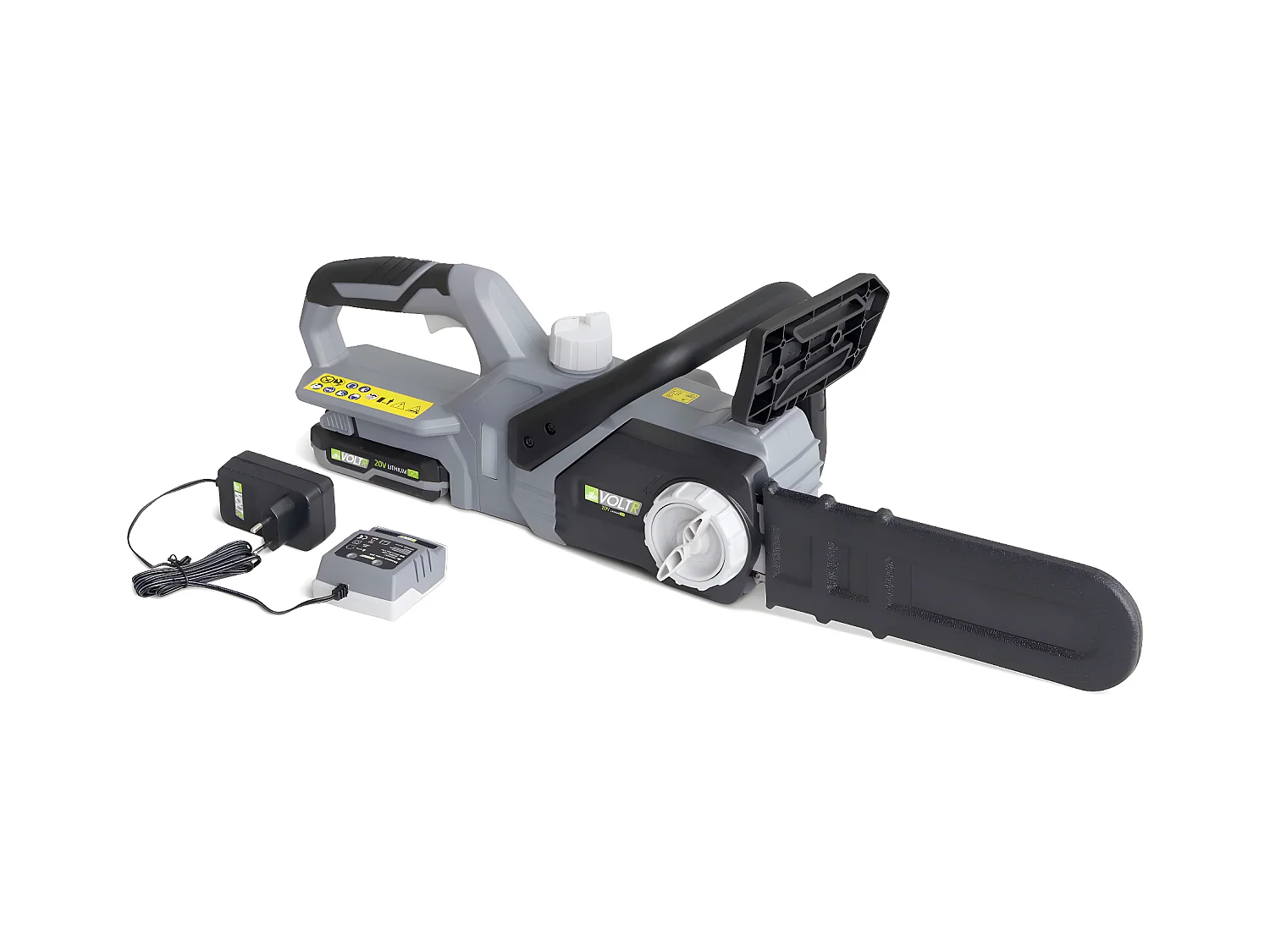 VOLTR 20V– Tronçonneuse 25cm (10’’) – avec batterie Lithium 2.0Ah + chargeur 20V. Normes CE