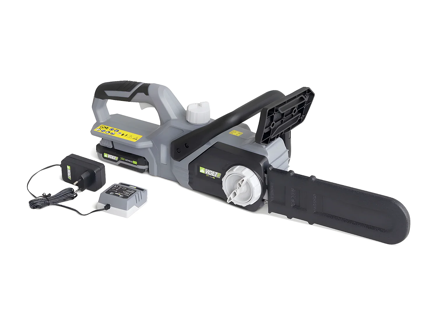 VOLTR 20V– Tronçonneuse 25cm (10’’) – avec batterie Lithium 2.0Ah + chargeur 20V. Normes CE