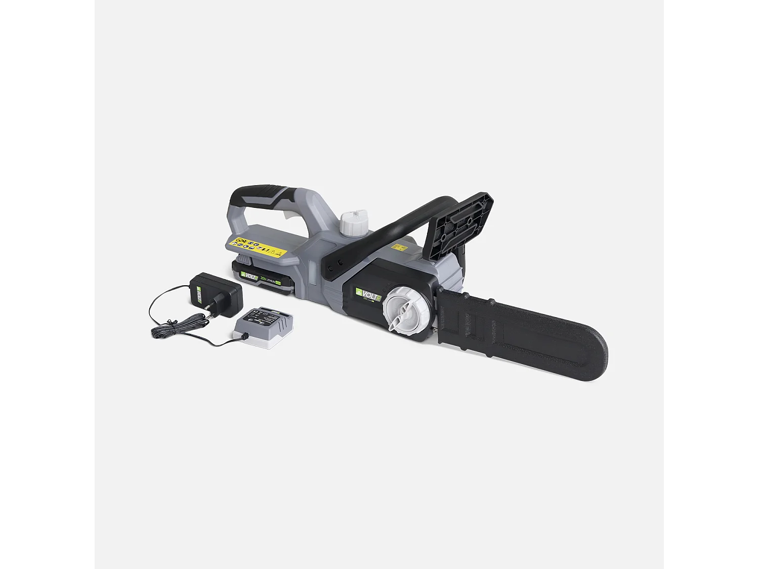 VOLTR 20V– Tronçonneuse 25cm (10’’) – avec batterie Lithium 2.0Ah + chargeur 20V. Normes CE