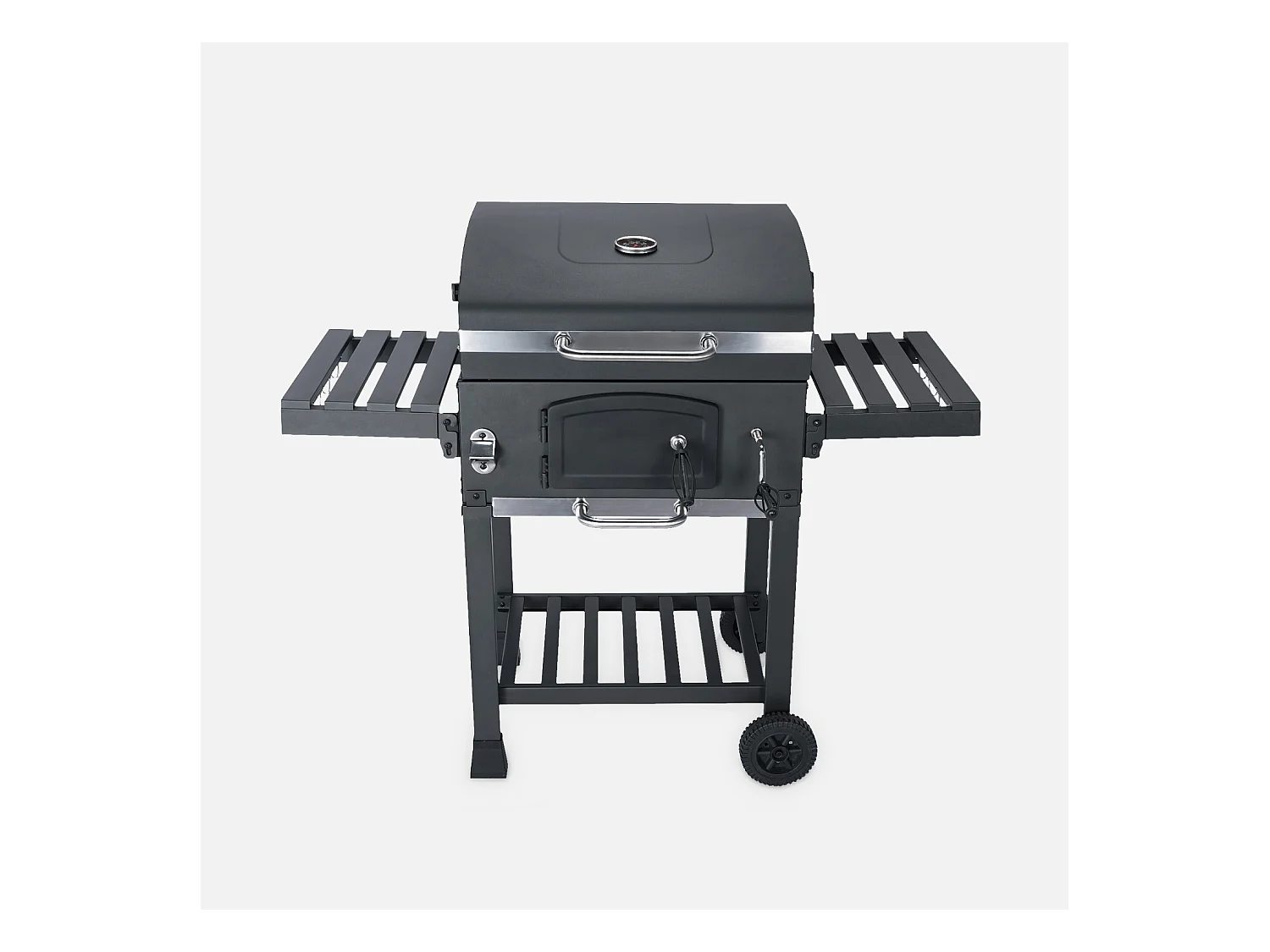 Barbecue Grill charbon de bois noir - Fumoir avec récupérateur de cendres. aérateurs. bac charbon ajustable et tablettes rabattables