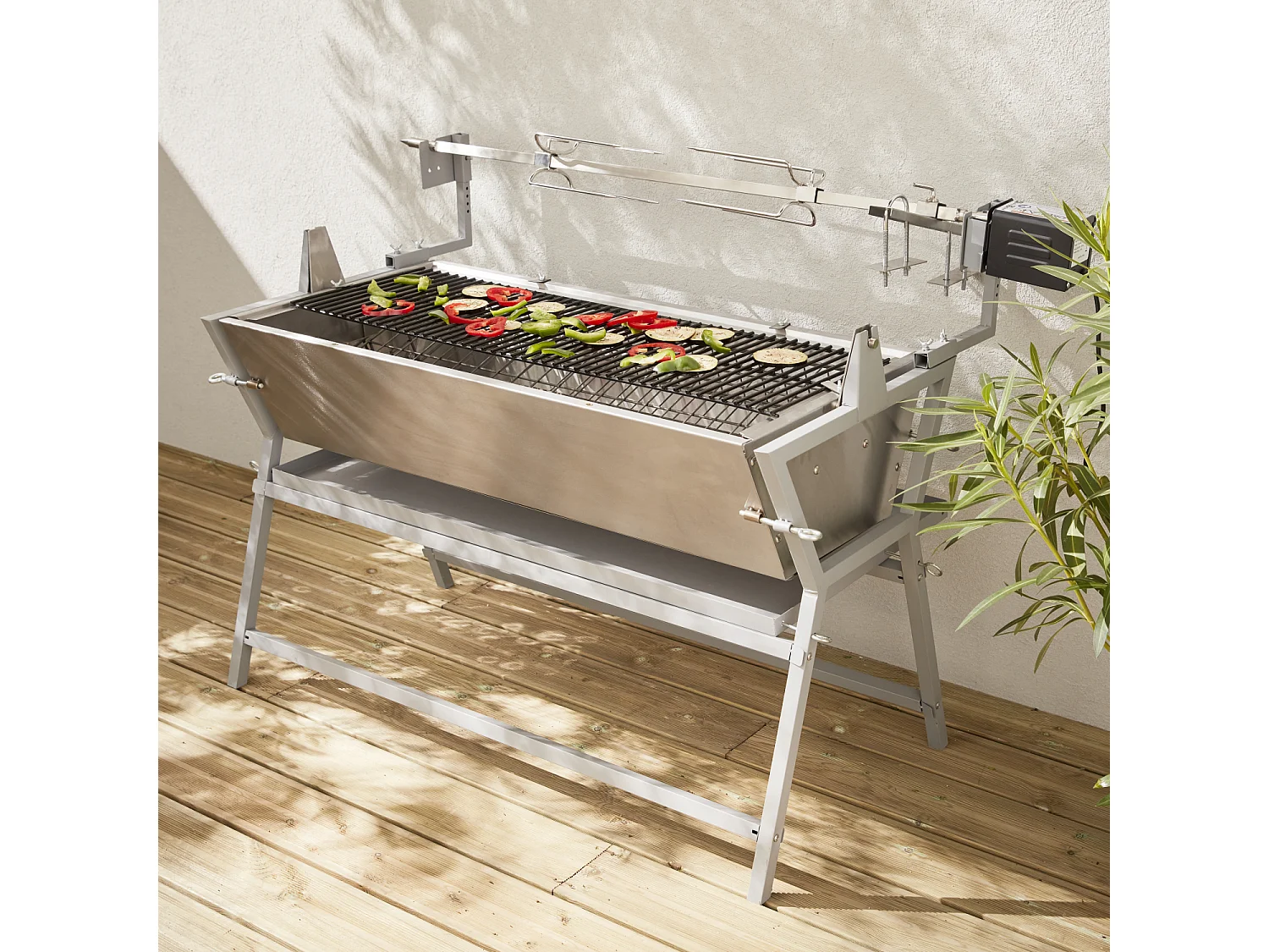 Asador de carbón con espetón eléctrico gris
