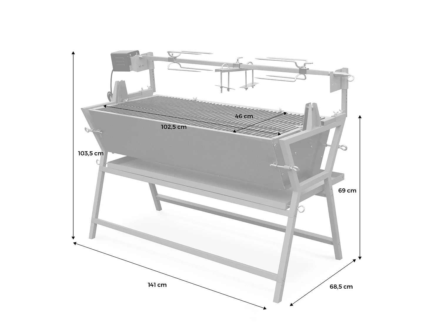 Asador de carbón motorizado inclinable de acero inoxidable con espetón