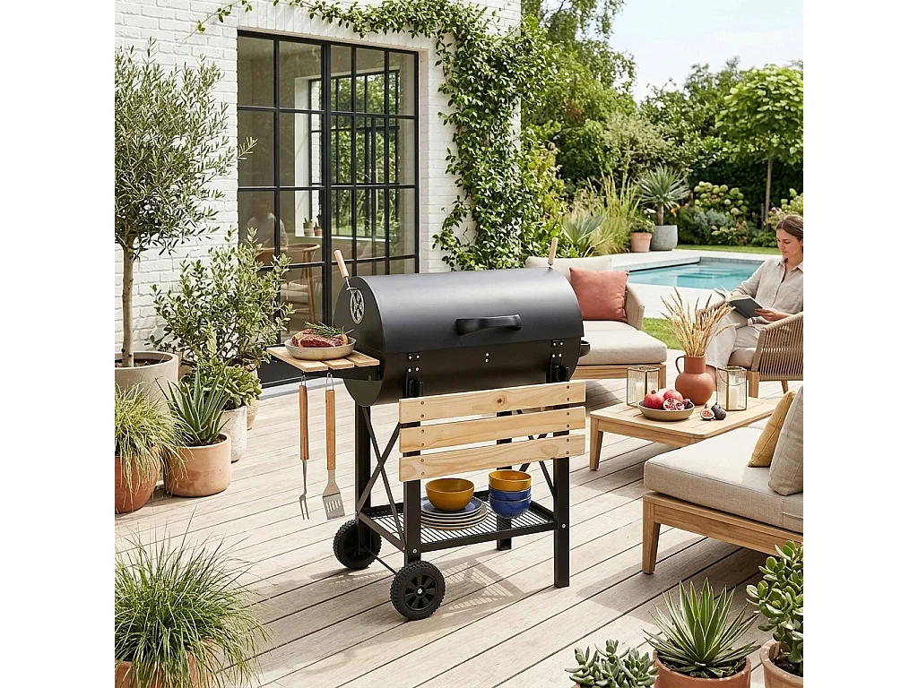 Barbacoa de carbón, parrilla y ahumador americano, con ruedas y
