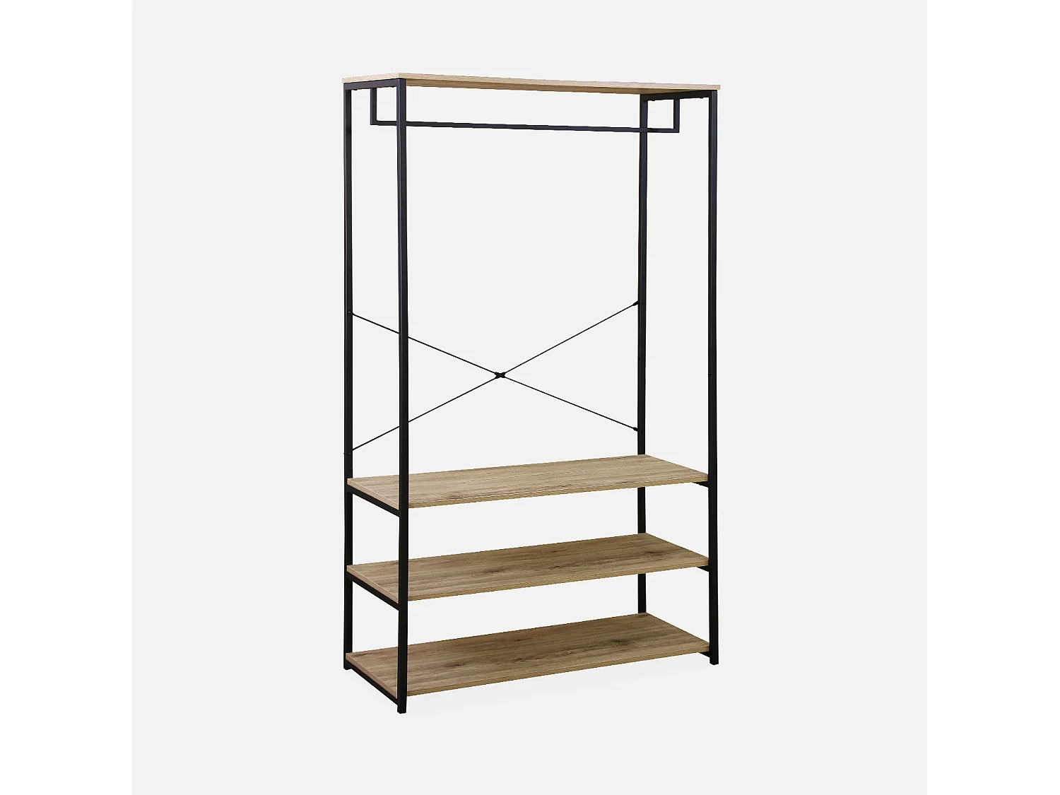 Dressing. vestiaire. portemanteau en métal noir et décor bois. Loft. 3 étagères. une barre de penderie  L 100 x l 40 x H 167cm