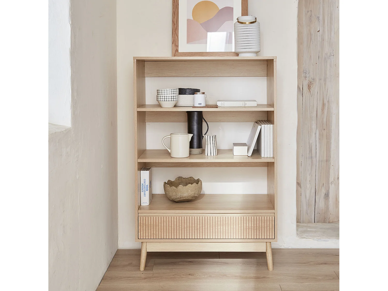 Scaffale libreria, decoro in legno, 3 livelli, marrone naturale