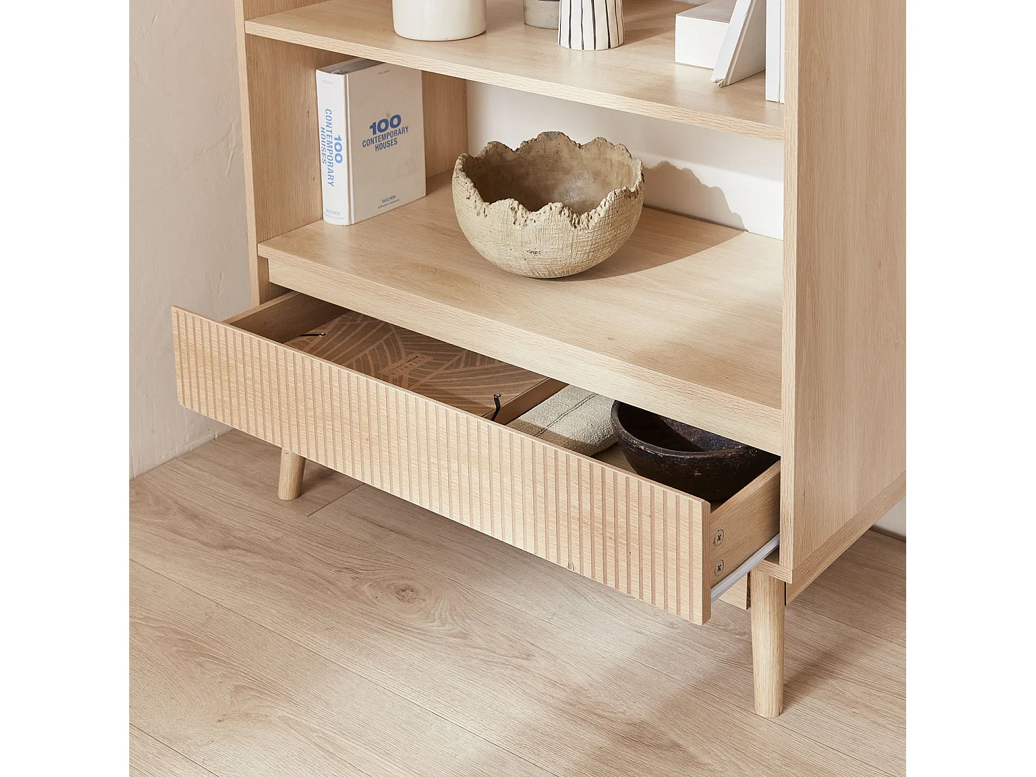 Scaffale libreria, decoro in legno, 3 livelli, marrone naturale