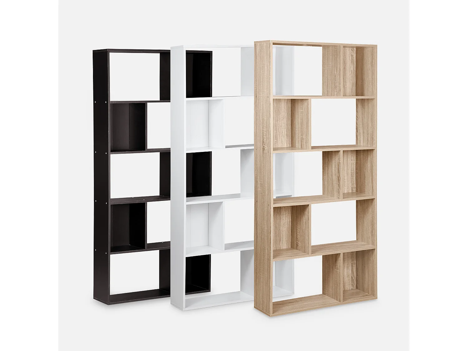 Bibliothèque design asymétrique – Pieter – 5 étagères. 10 compartiments de rangement. 83x23x173cm