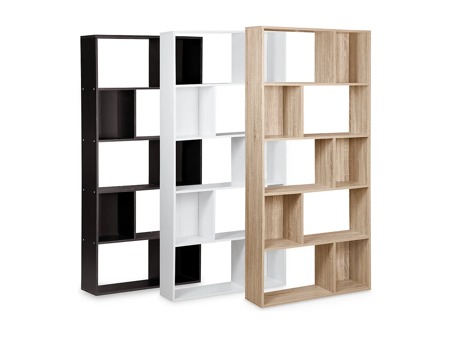 Bibliothèque design asymétrique – Pieter – 5 étagères. 10 compartiments de rangement. 83x23x173cm