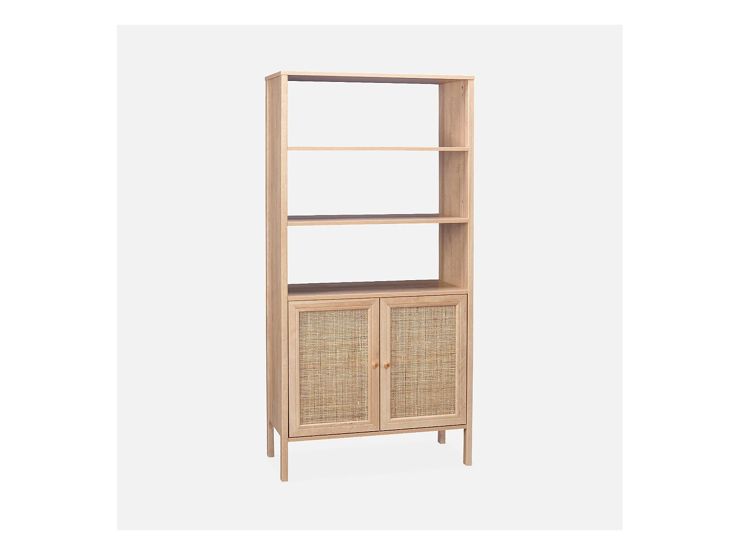 Bibliothèque effet bois et cannage - Bohème - 4 niveaux. 2 portes. 5 étagères