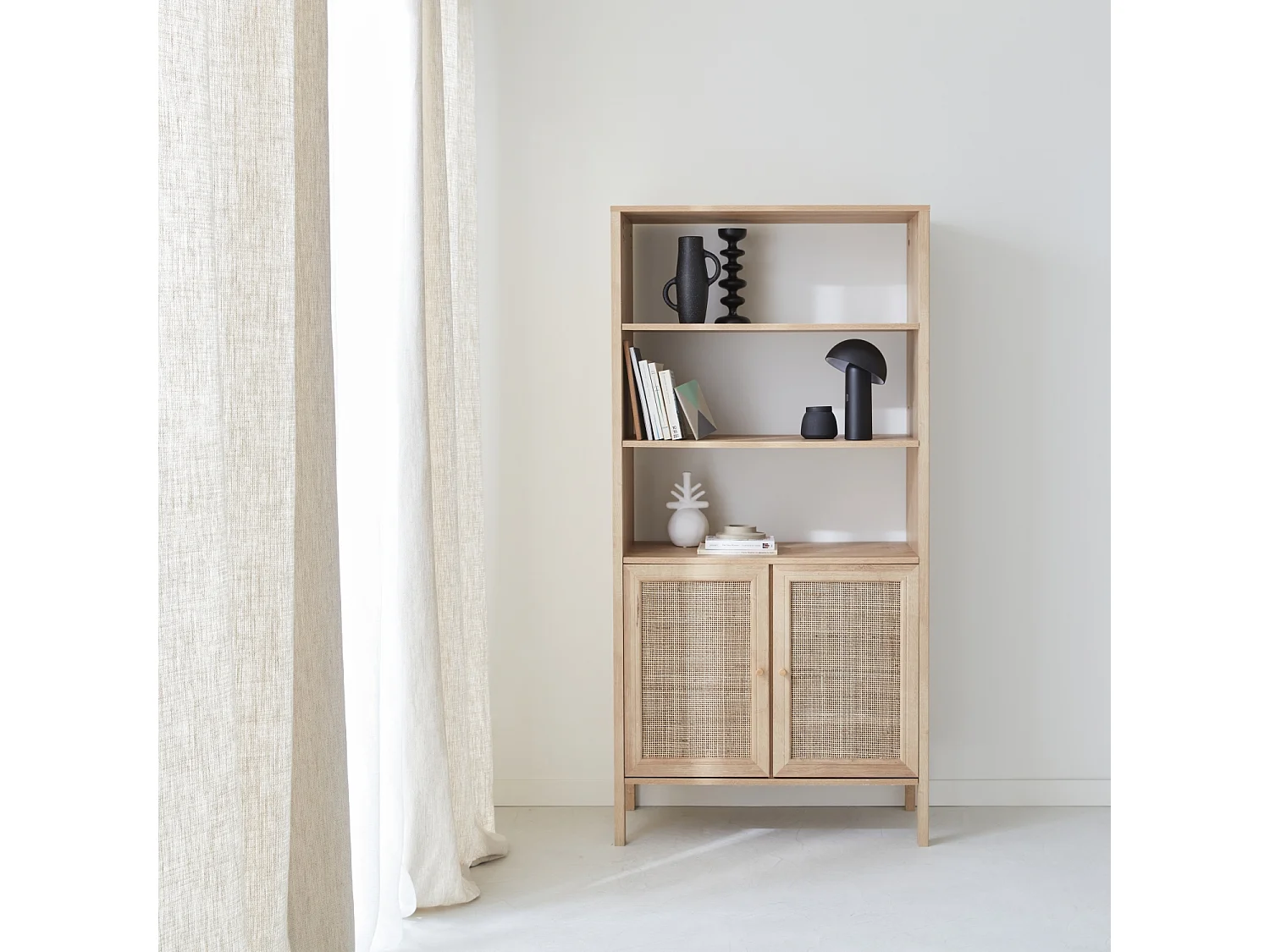 Libreria effetto legno e canna, 4 livelli, marrone naturale