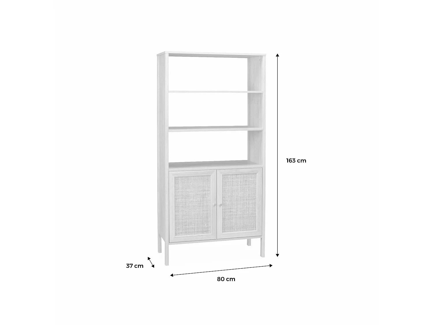 Bibliothèque décor bois et cannage - Bohème - 4 niveaux. 2 portes. 5 étagères