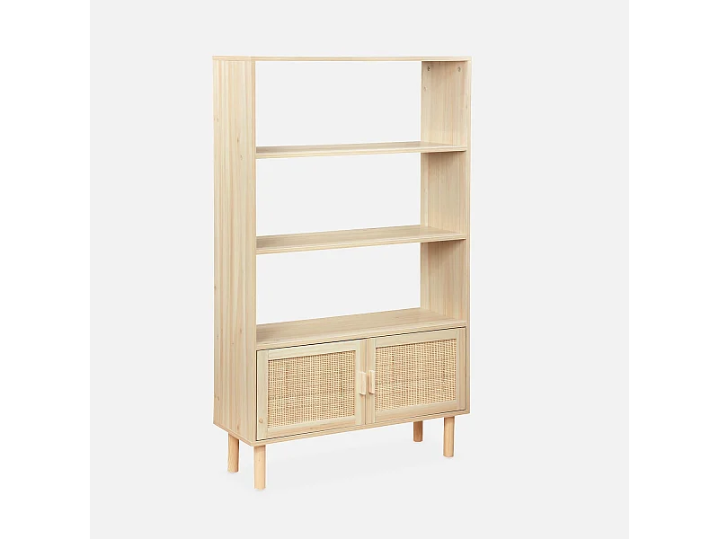 Librería con caña y efecto madera, 3 niveles y 2 puertas natural