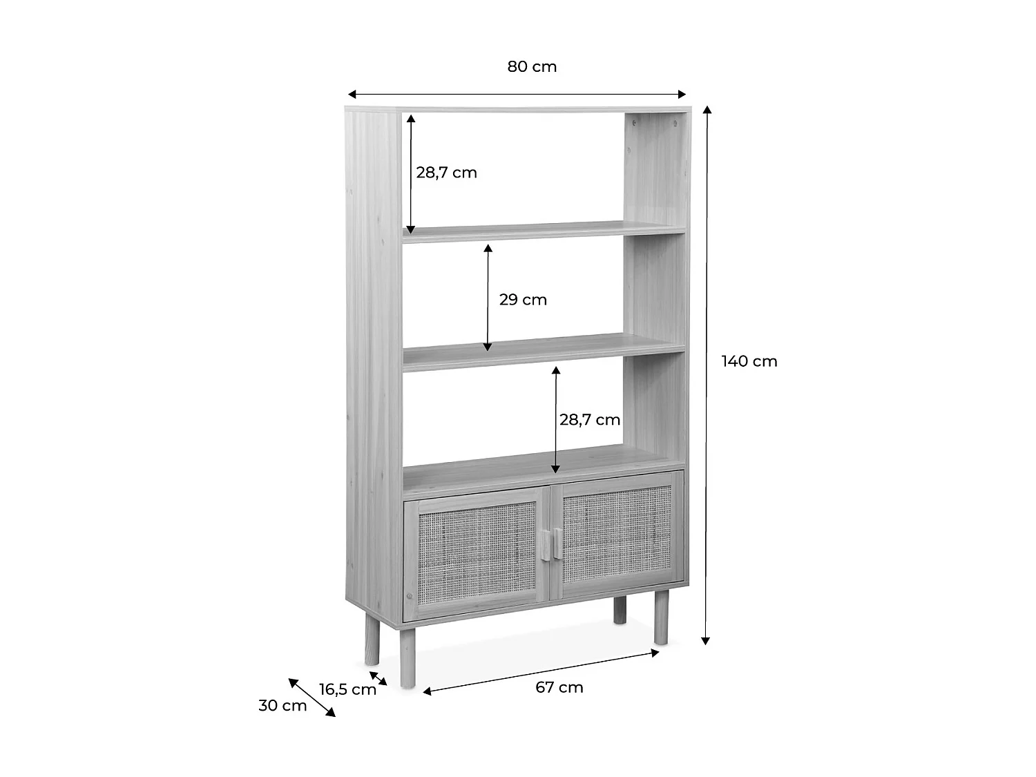 Libreria con canna ed effetto legno, 3 livelli, 2 ante, marrone