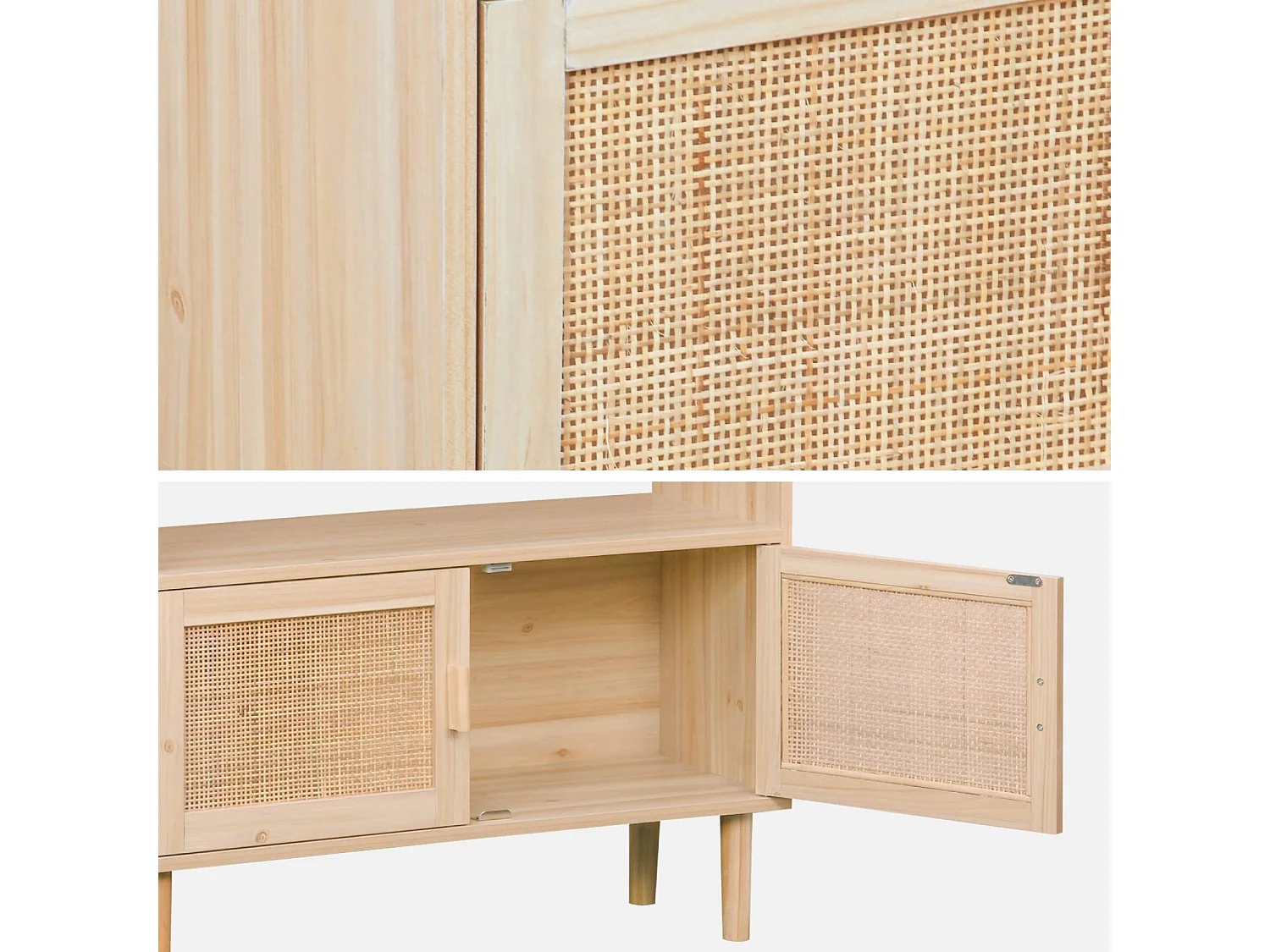 Libreria con canna ed effetto legno, 3 livelli, 2 ante, Camargue, Marrone naturale, 80x30x140 cm