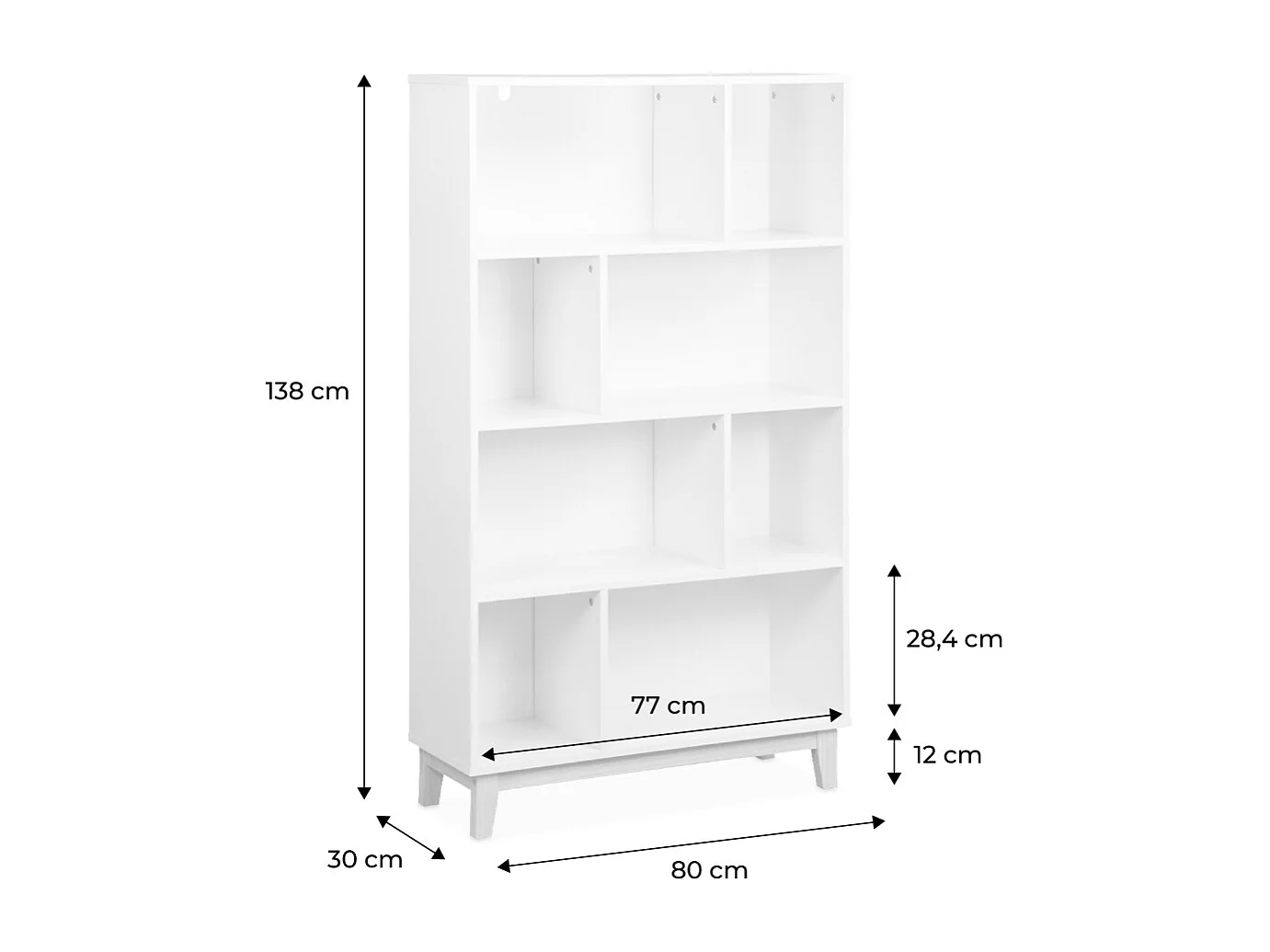Libreria effetto legno con gambe in legno e 4 ripiani, bianco