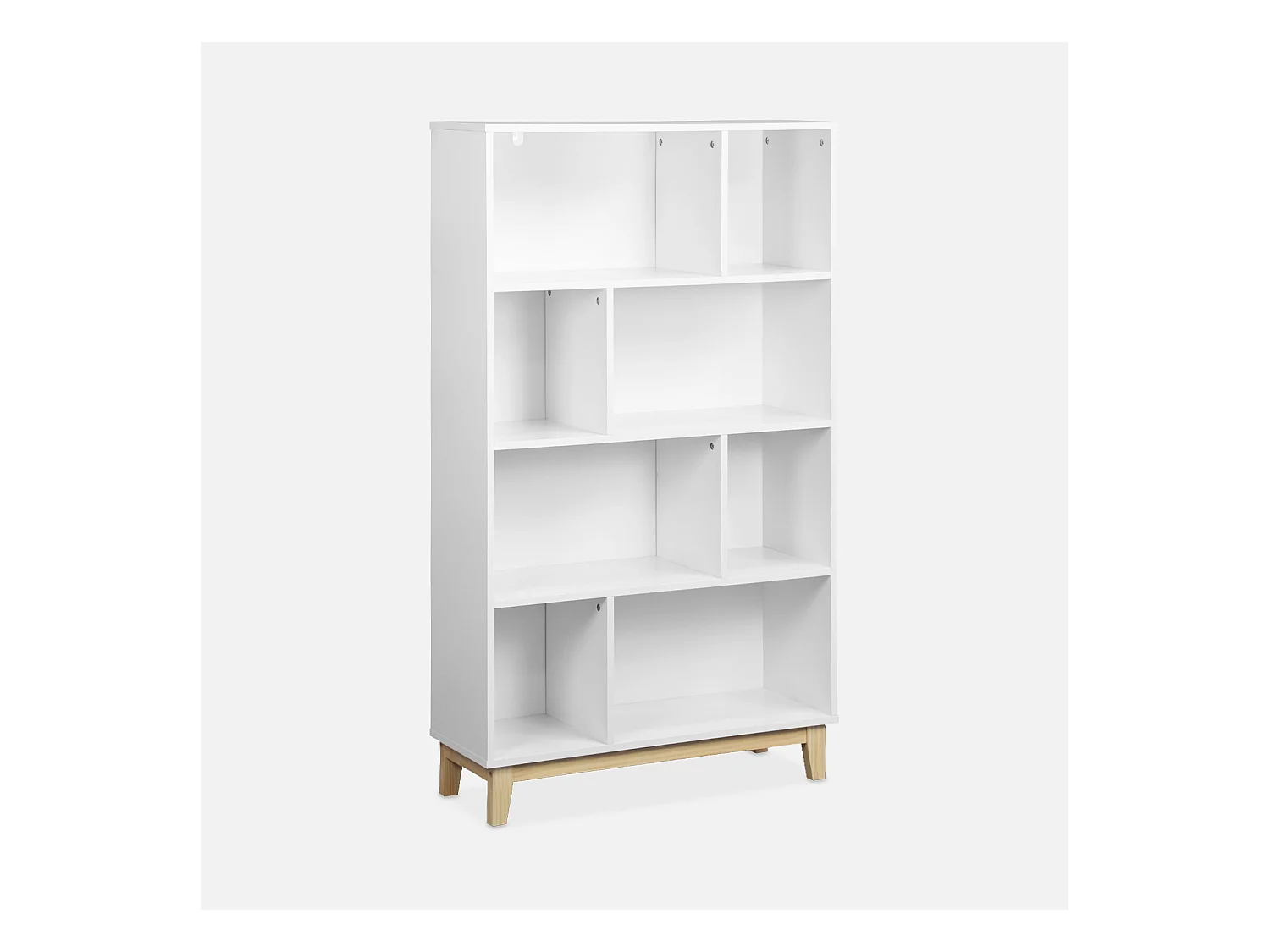 Bibliothèque scandinave blanche. étagère asymétrique - Floki - pieds en bois de sapin. 4 étagères. 8 compartiments. 80x30x138cm