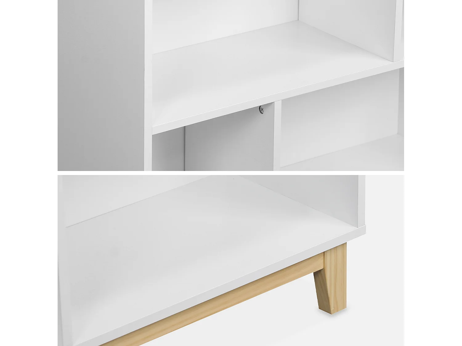 Libreria effetto legno con gambe in legno e 4 ripiani, bianco