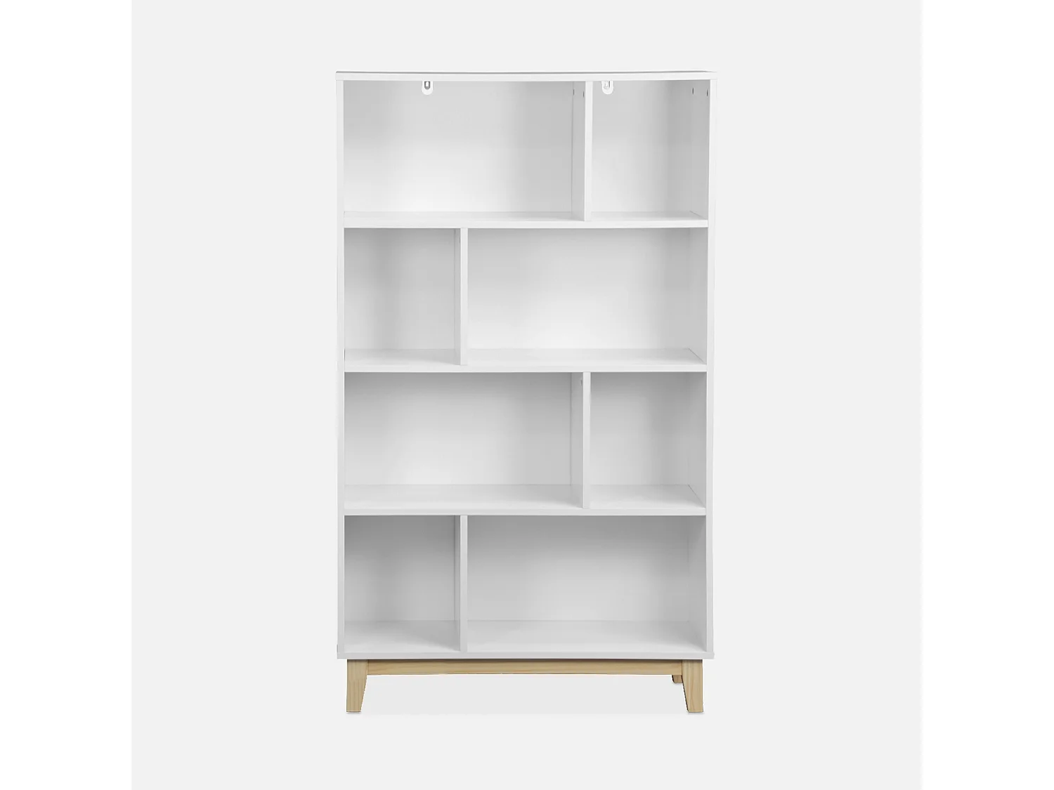 Libreria effetto legno con gambe in legno e 4 ripiani, bianco