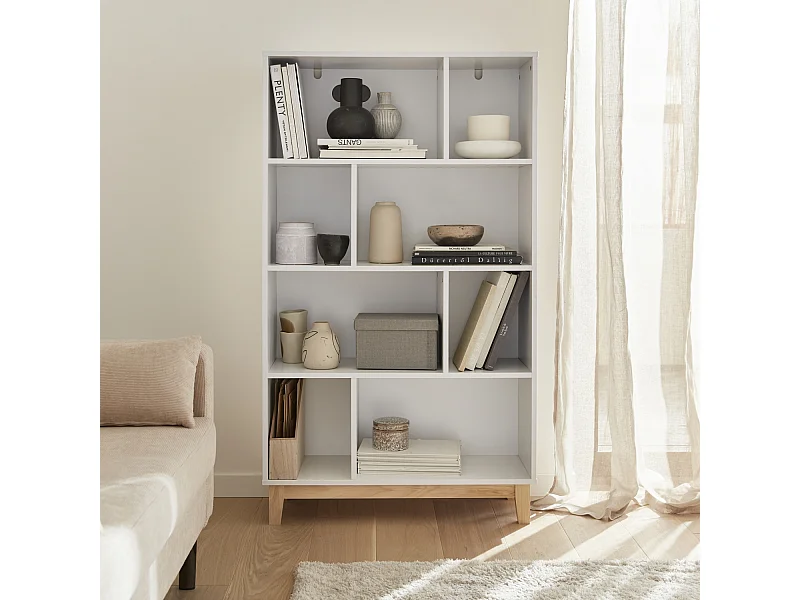 Libreria effetto legno con gambe in legno e 4 ripiani, bianco