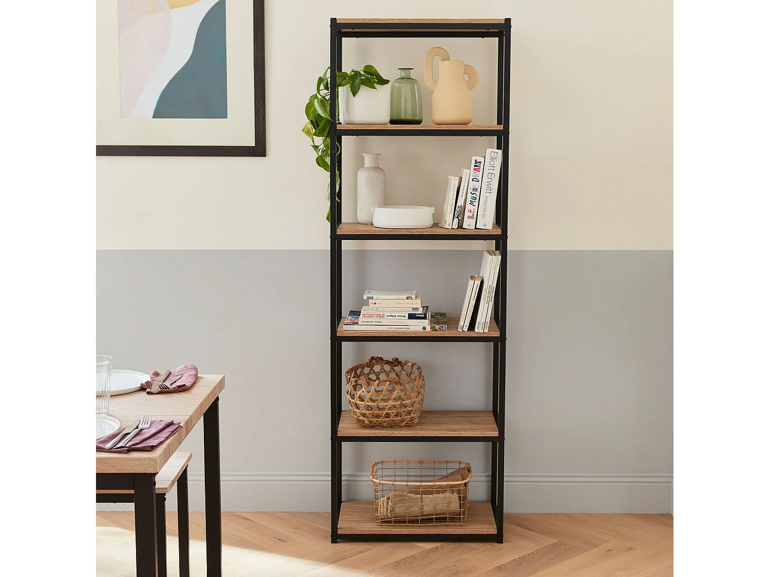 Libreria industriale in metallo e legno, 6 livelli, nero