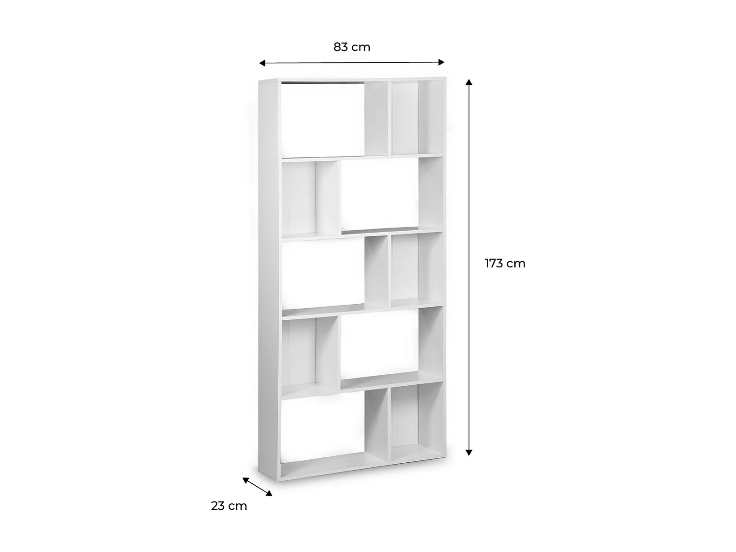Bibliothèque design asymétrique – Pieter – 5 étagères. 10 compartiments de rangement. 83x23x173cm