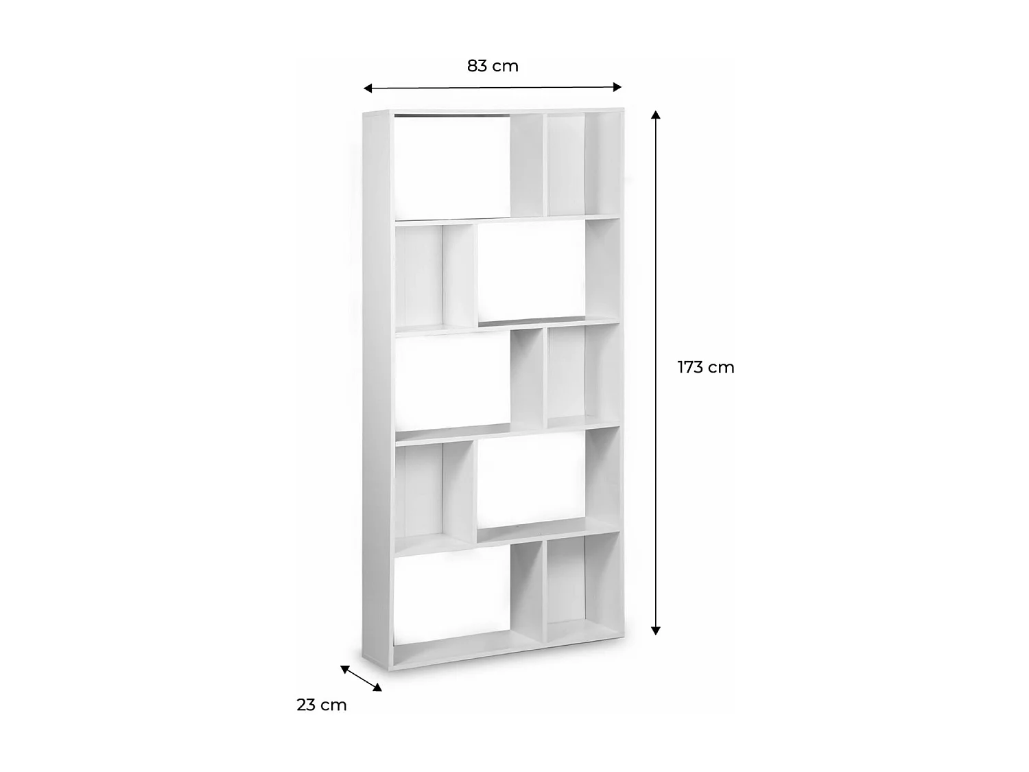 Bibliothèque design asymétrique – Pieter – 5 étagères. 10 compartiments de rangement. 83x23x173cm