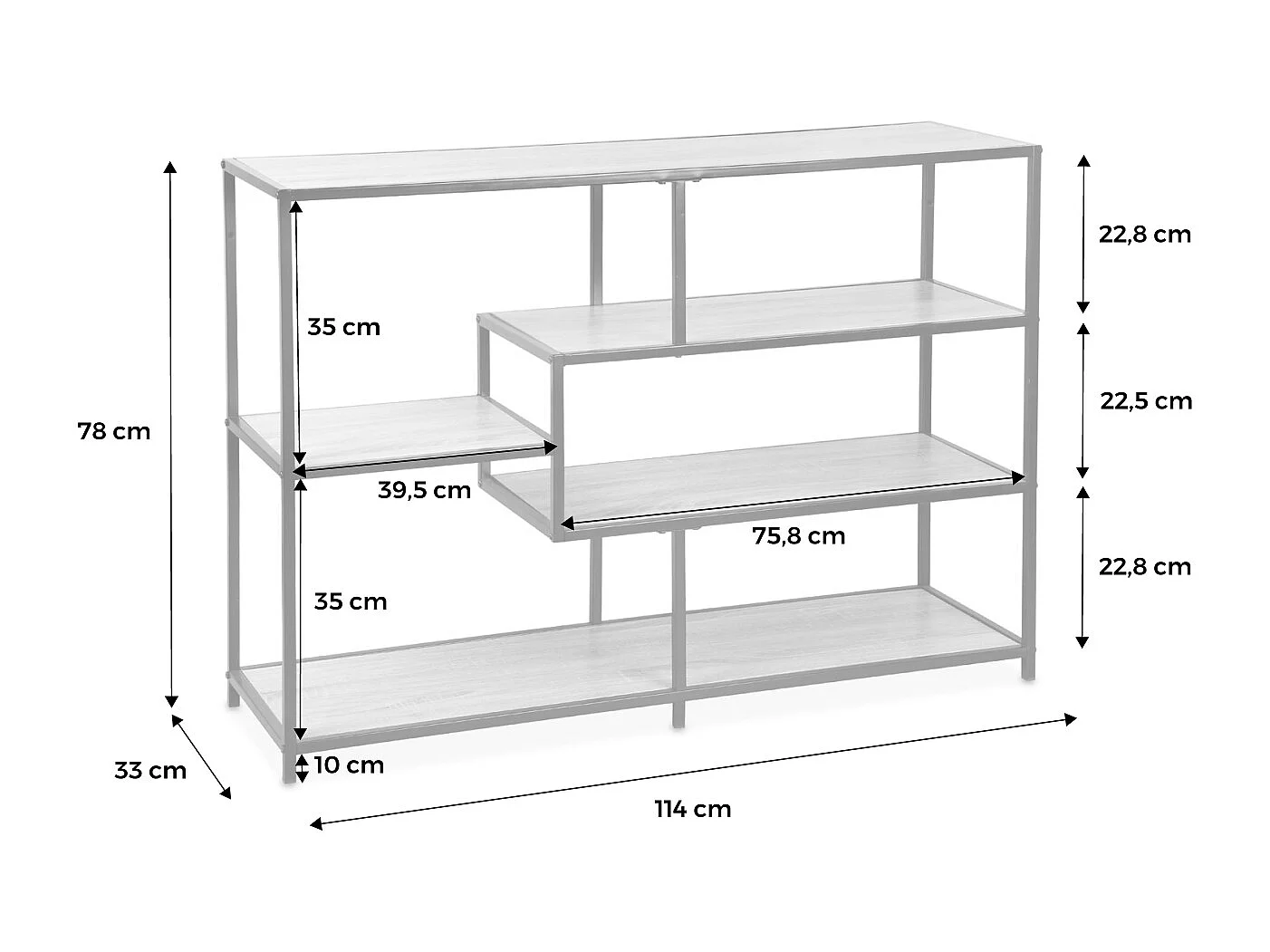 Etagère en métal noir et décor bois - Loft - bibliothèque 5 niveaux. L 114 x l 33 x H 78cm