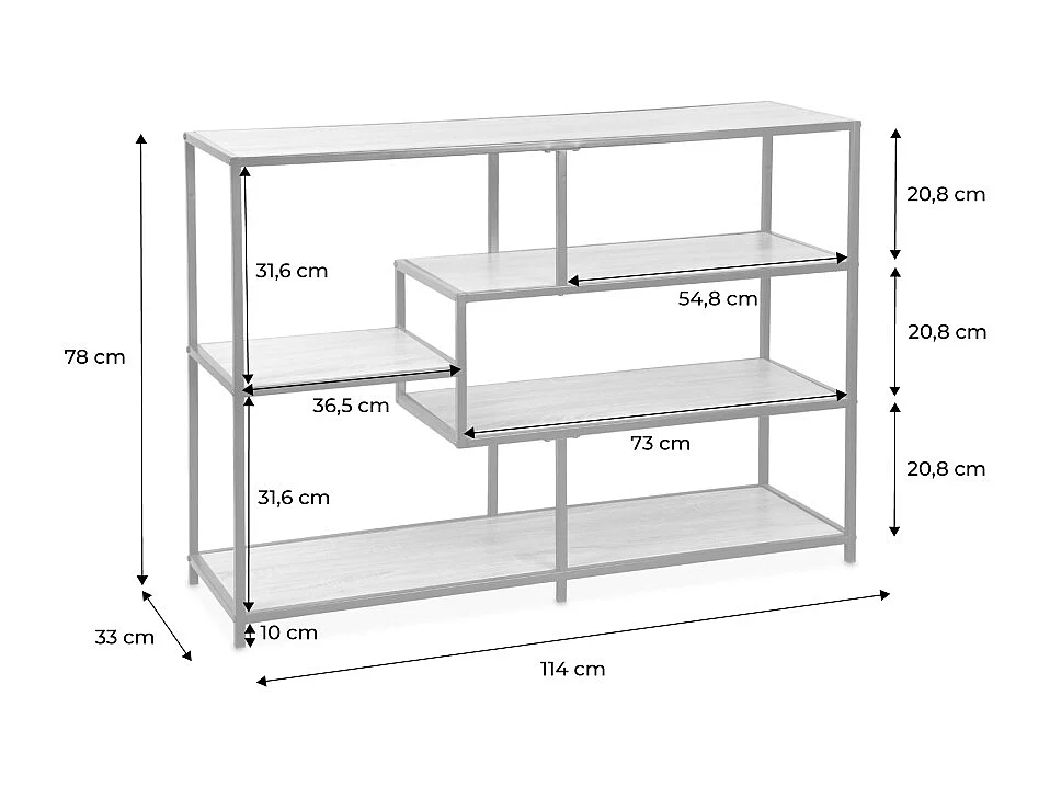 Etagère en métal noir et décor bois - Loft - bibliothèque 5 niveaux. L 114 x l 33 x H 78cm