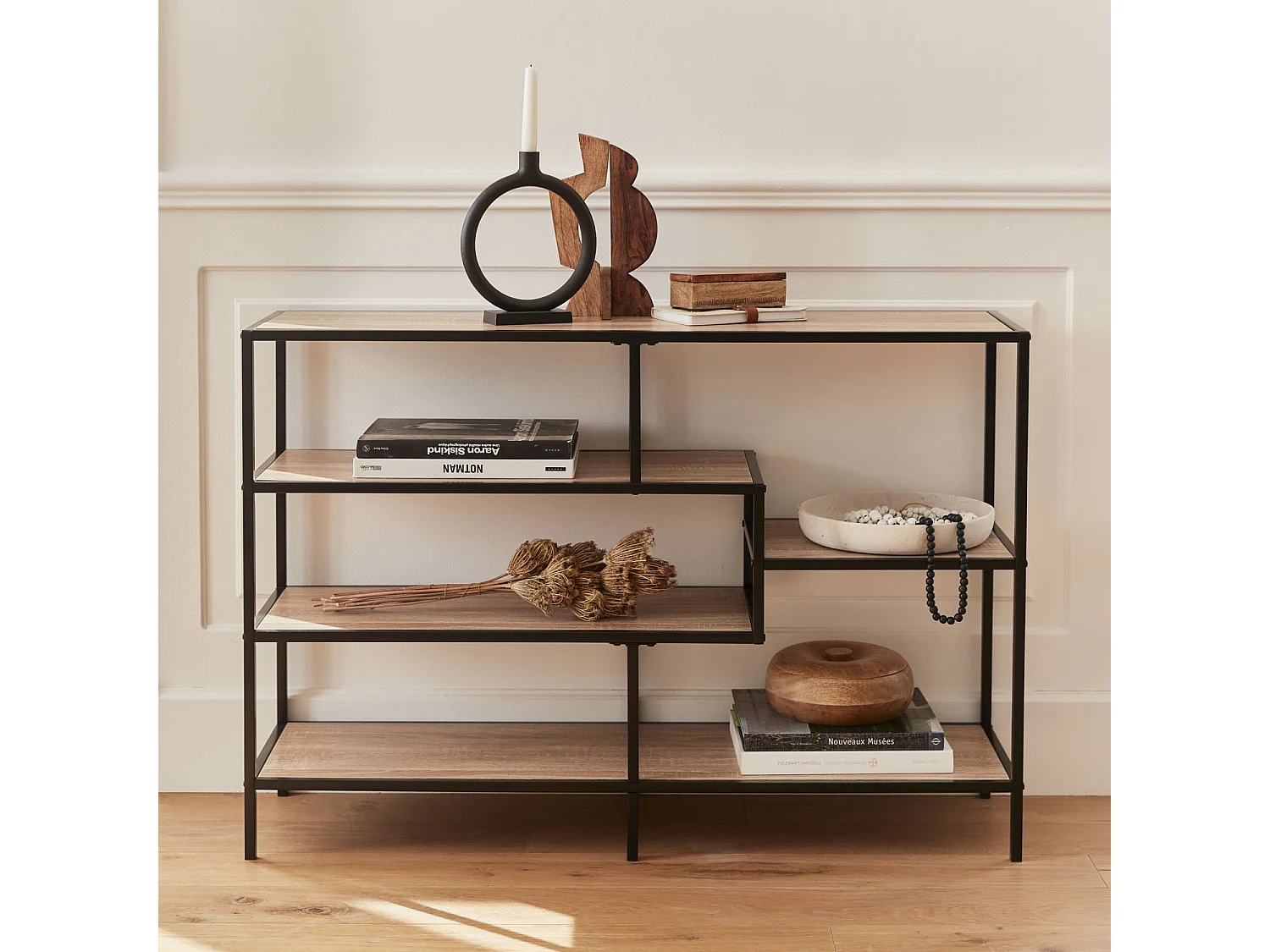 Etagère en métal noir et décor bois - Loft - bibliothèque 5 niveaux. L 114 x l 33 x H 78cm