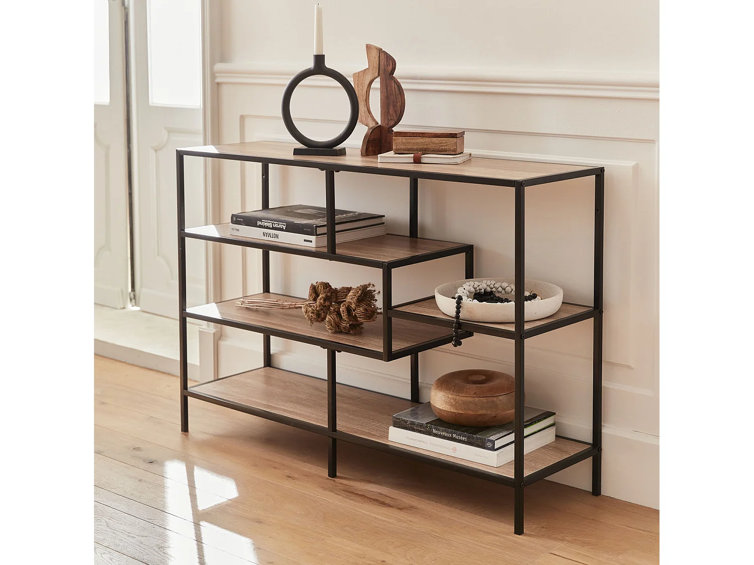 Etagère en métal noir et décor bois - Loft - bibliothèque 5 niveaux. L 114 x l 33 x H 78cm