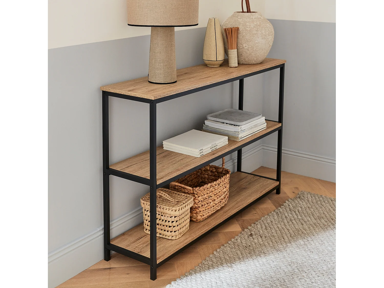 Étagère en métal noir et décor bois - Loft - bibliothèque 3 niveaux. 120x30x80cm