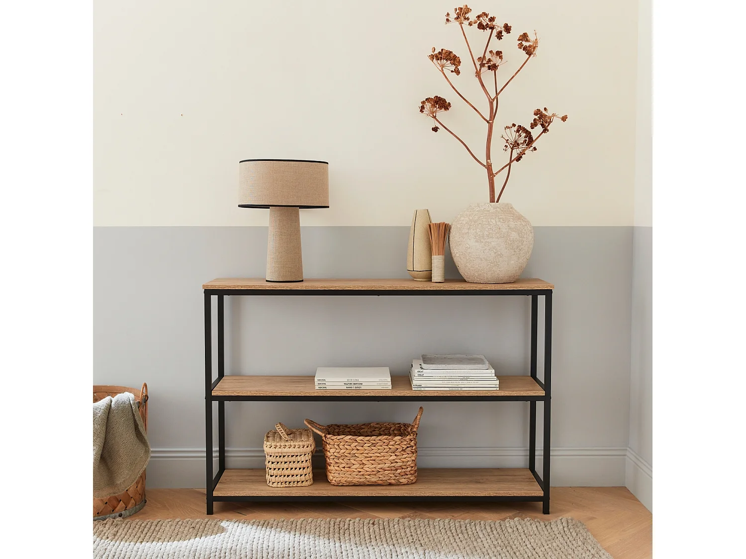 Étagère en métal noir et décor bois - Loft - bibliothèque 3 niveaux. 120x30x80cm