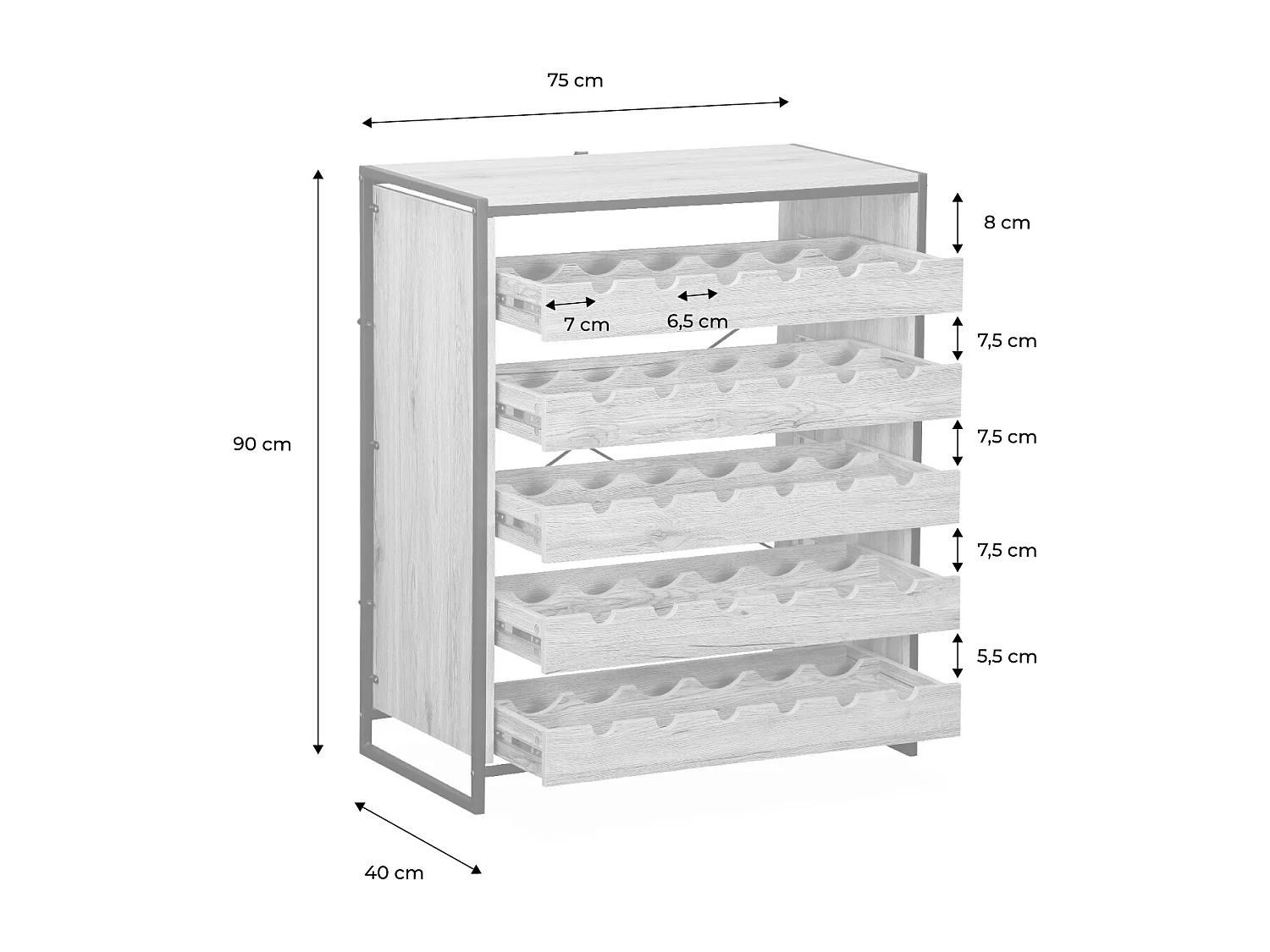 Etagères range bouteilles. Loft. 5 tiroirs. 5 étagères L 75 CM x l 40 CM x H 90 CM