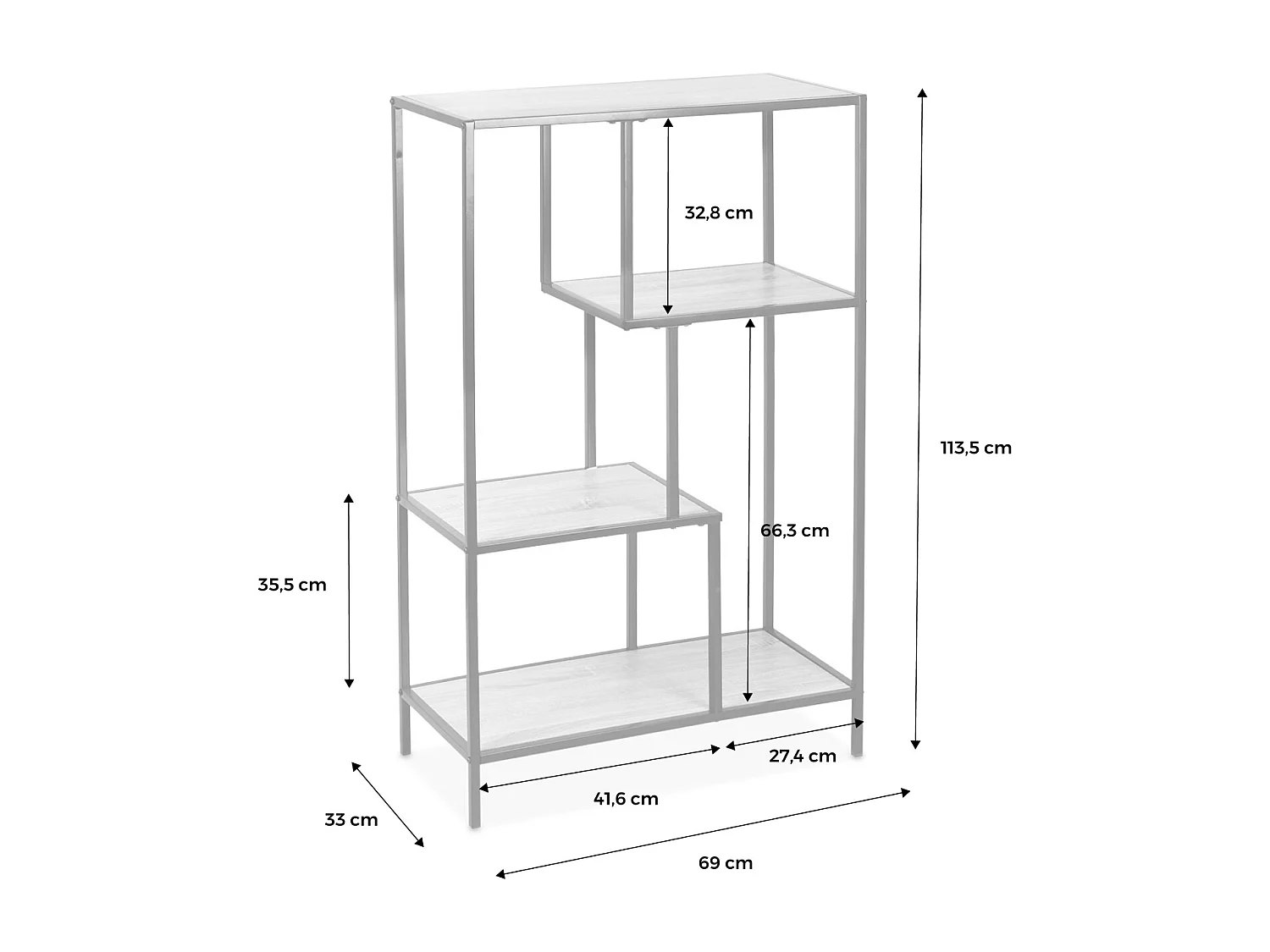 Etagère en métal noir et décor bois - Loft - bibliothèque 4 niveaux. L 69 x l 33 x H 113.5cm