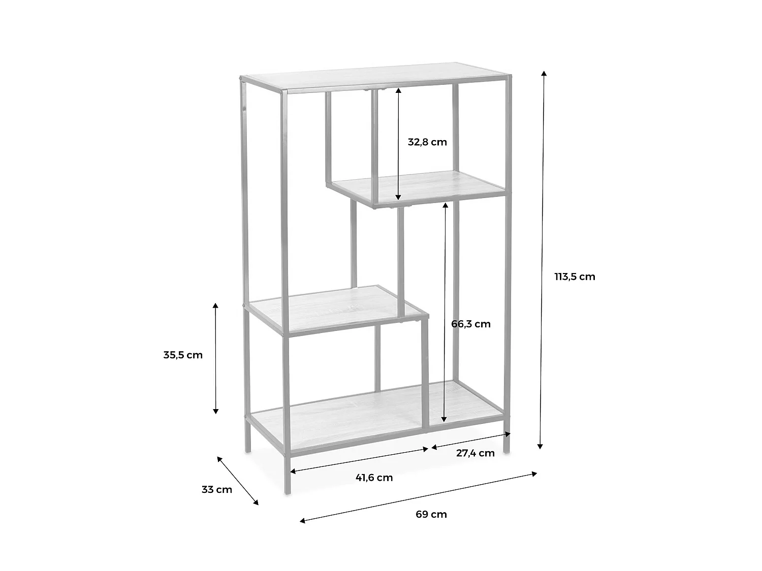 Etagère en métal noir et décor bois - Loft - bibliothèque 4 niveaux. L 69 x l 33 x H 113.5cm