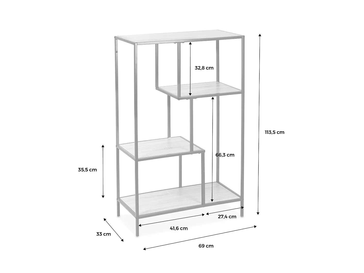 Etagère en métal noir et décor bois - Loft - bibliothèque 4 niveaux. L 69 x l 33 x H 113.5cm