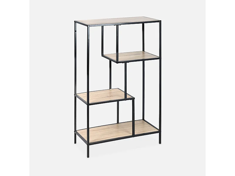 Etagère en métal noir et décor bois - Loft - bibliothèque 4 niveaux. L 69 x l 33 x H 113.5cm