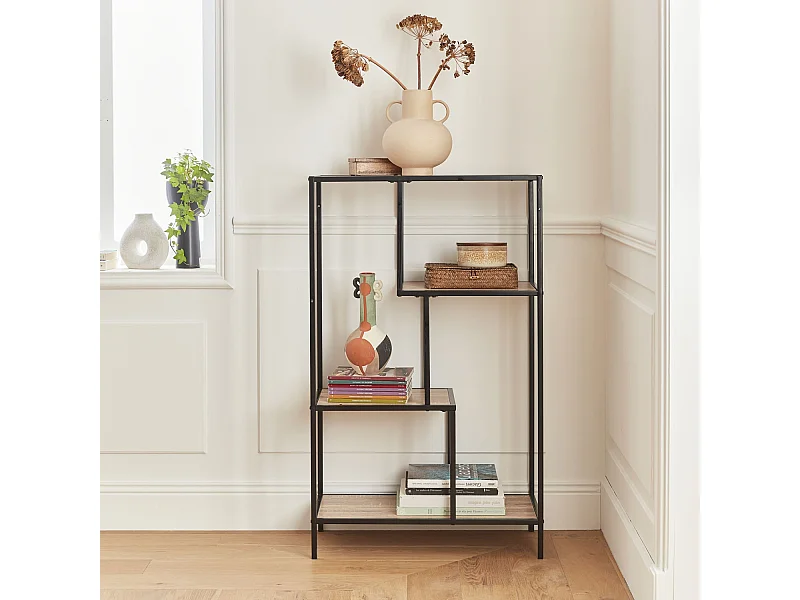 Etagère en métal noir et décor bois - Loft - bibliothèque 4 niveaux. L 69 x l 33 x H 113.5cm