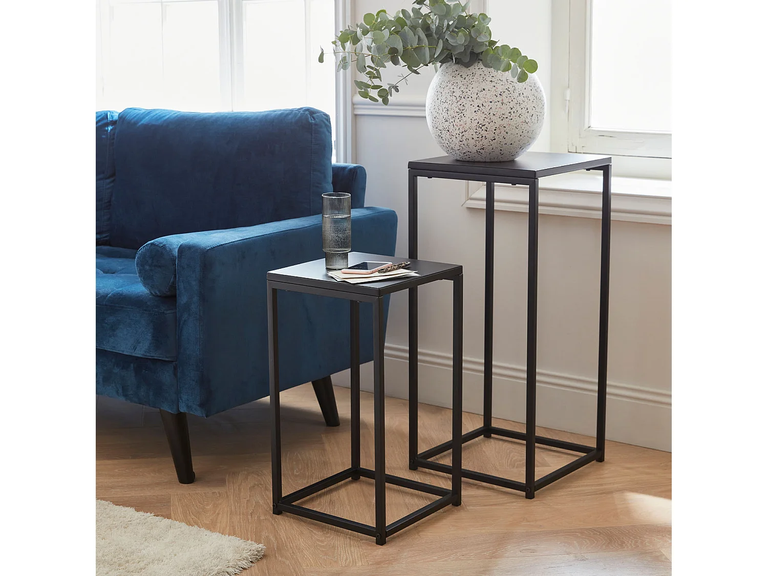 Lot de 2 tables d'appoint gigognes noires - Industrielle - bouts de canapé 34x34x74cm / 30x30x54cm