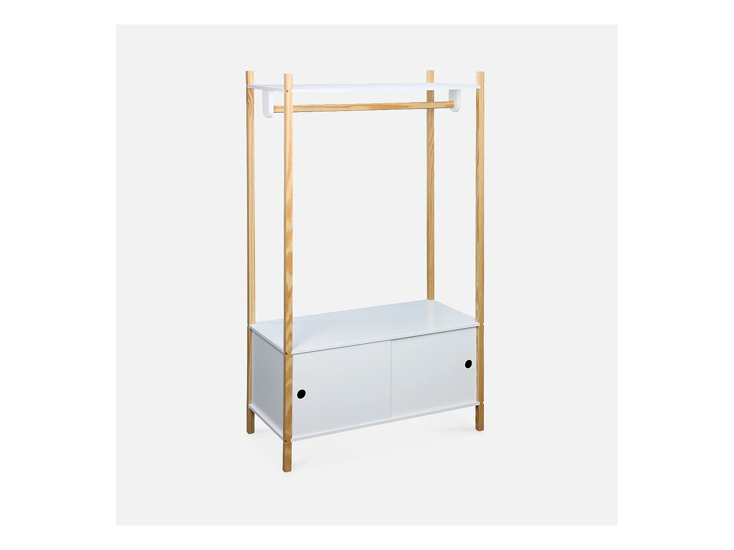Penderie pour enfants - TOBIAS - deux portes coulissantes et portant bois massif en pin naturel blanc.  80X40X136.5CM
