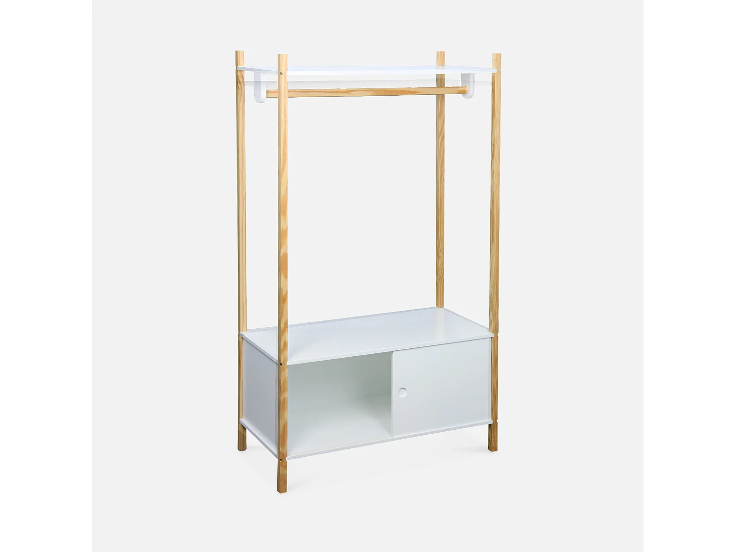 Penderie pour enfants - TOBIAS - deux portes coulissantes et portant bois massif en pin naturel blanc.  80X40X136.5CM