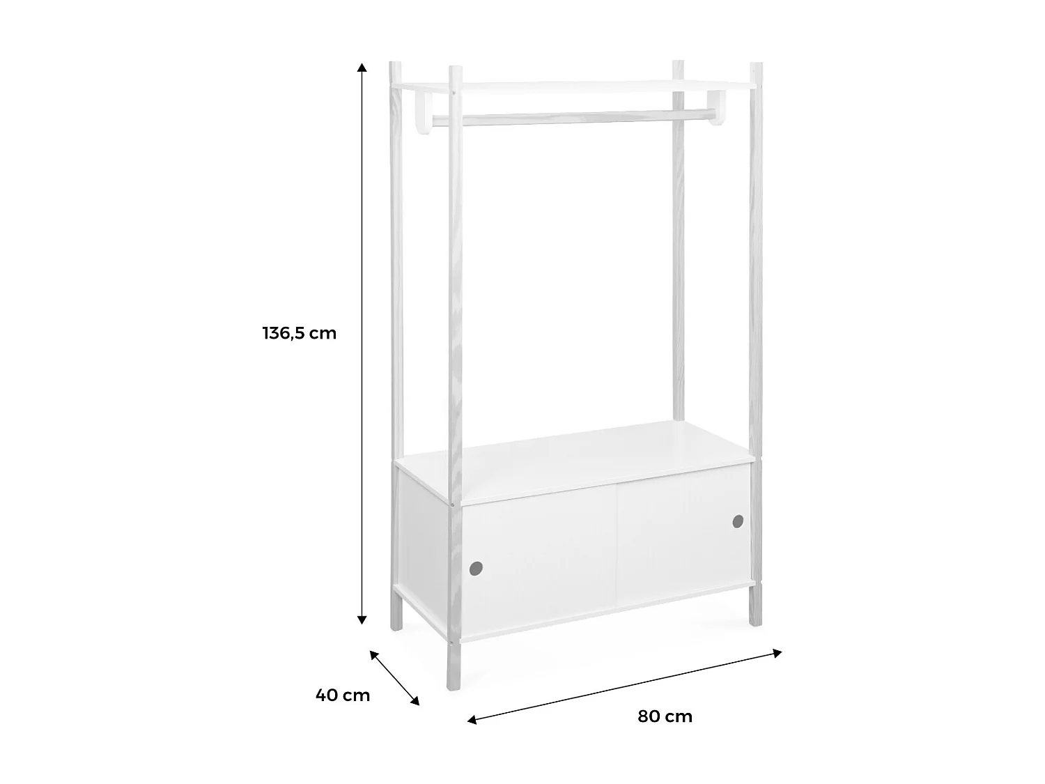 Penderie pour enfants - TOBIAS - deux portes coulissantes et portant bois massif en pin naturel blanc.  80X40X136.5CM