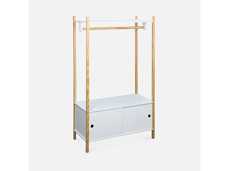 Penderie pour enfants - TOBIAS - deux portes coulissantes et portant bois massif en pin naturel blanc.  80X40X136.5CM