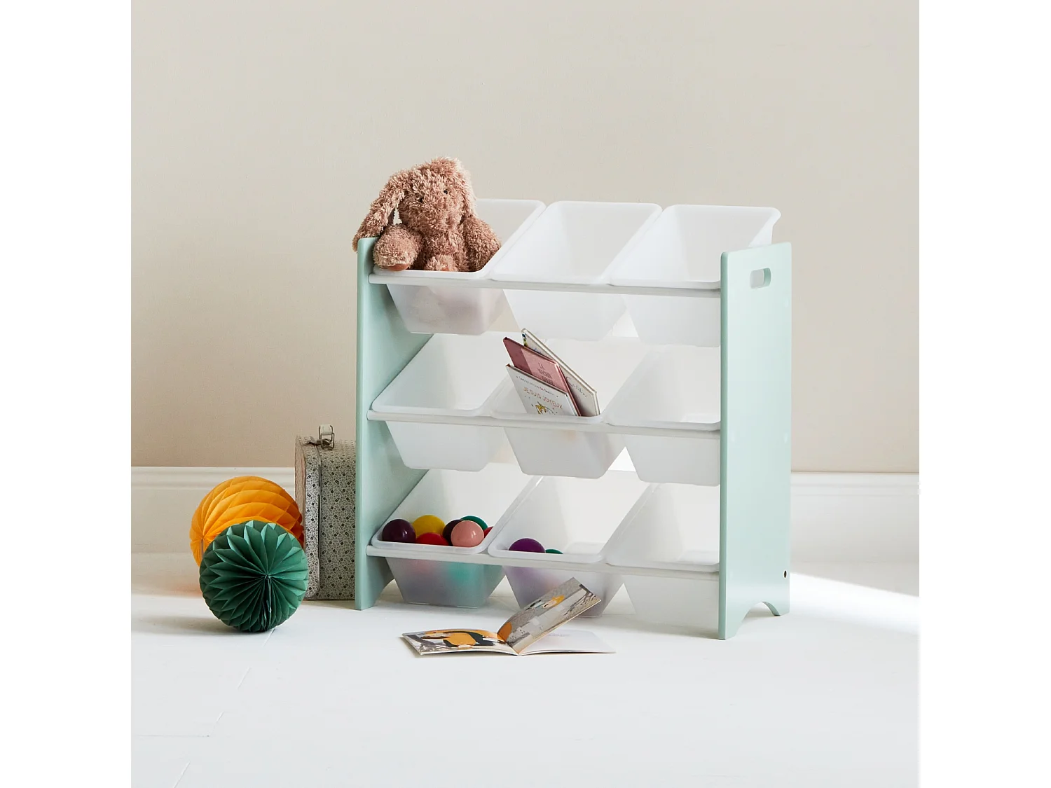 Meuble de rangement pour enfant avec 9 casiers. vert céladon - Tobias - MDF décor bois naturel. 64x29.5x60cm