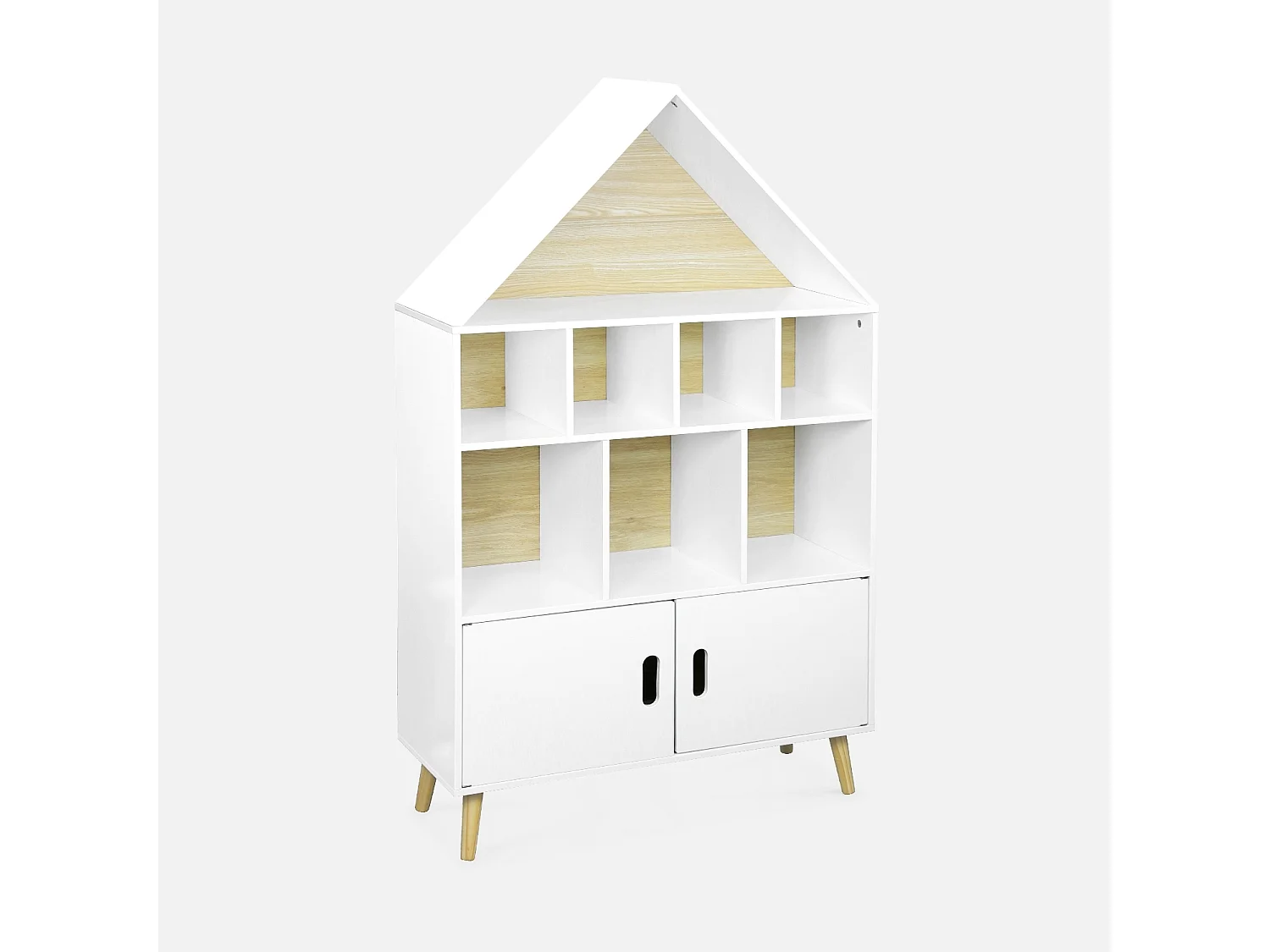Scaffale per bambini in legno a forma di casa, bianco