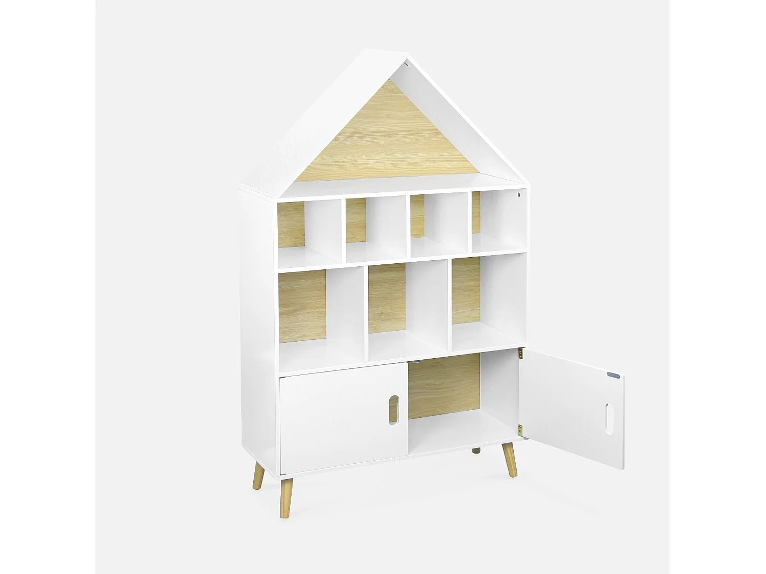Scaffale per bambini in legno a forma di casa, bianco