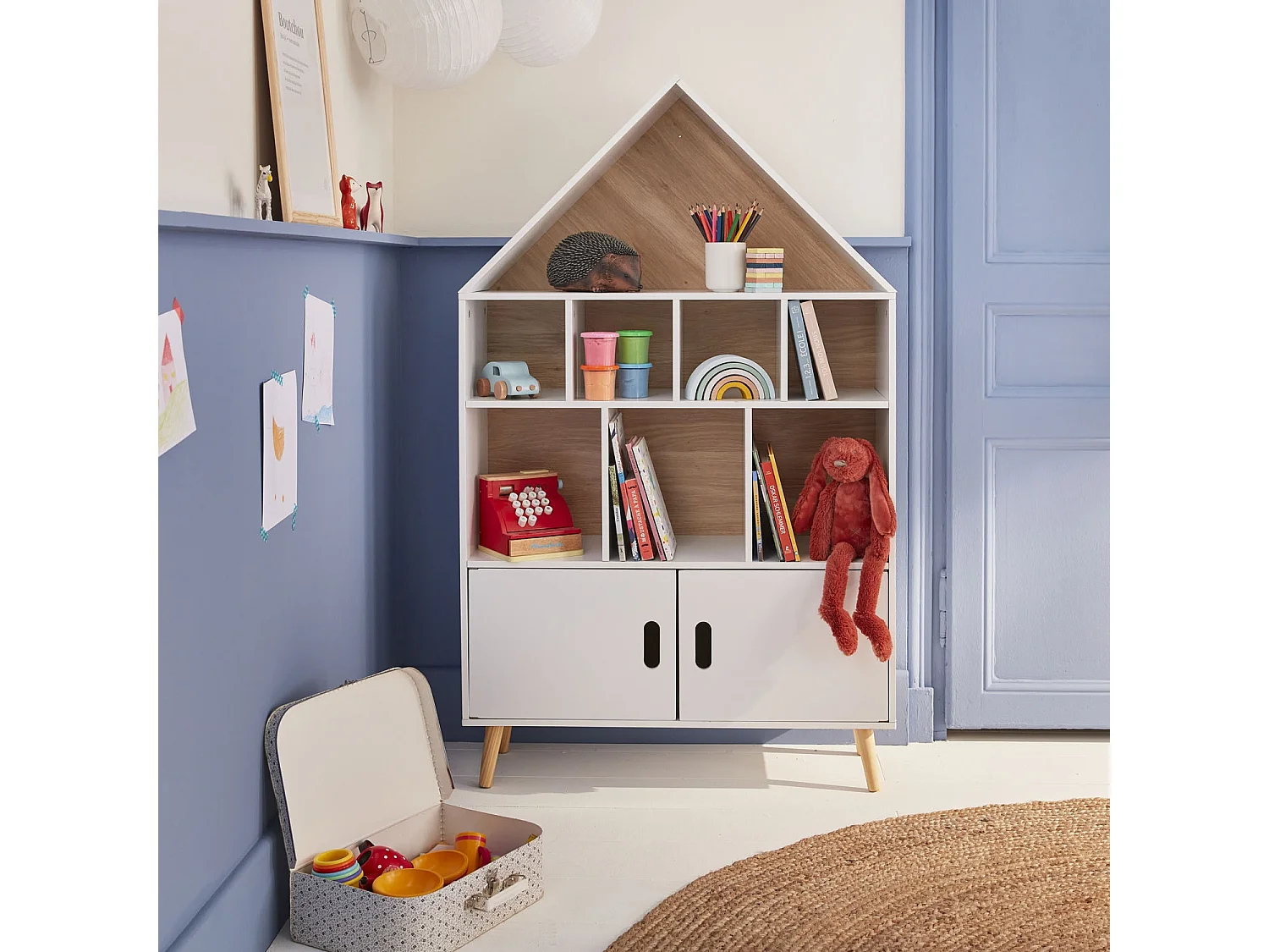 Scaffale per bambini in legno a forma di casa, bianco