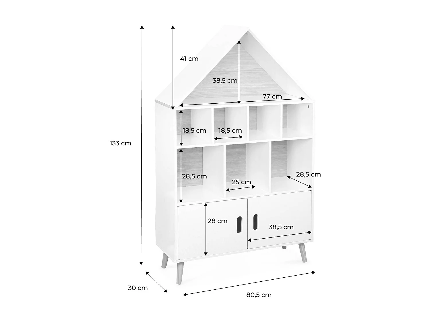 Scaffale per bambini in legno a forma di casa, bianco